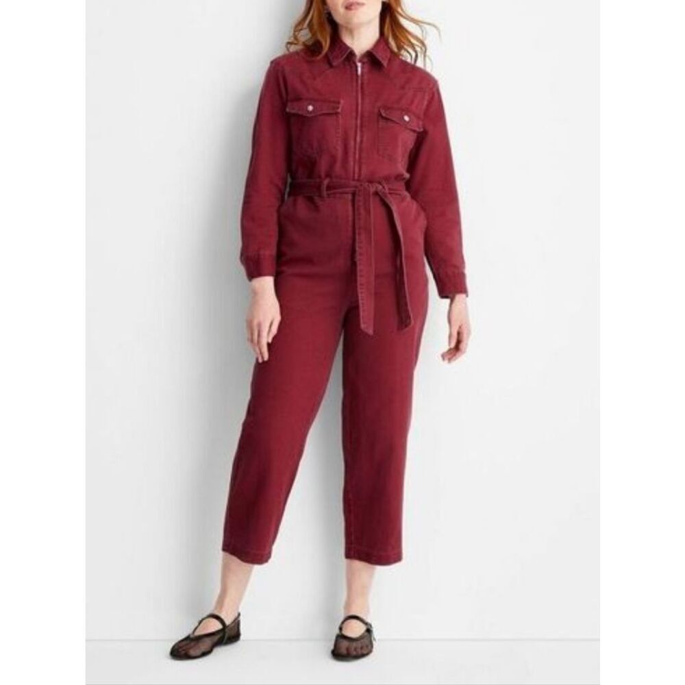 Future Collective Burgundy Long Sleeve Zipper Denim Utility Jumpsuit Maroon XS